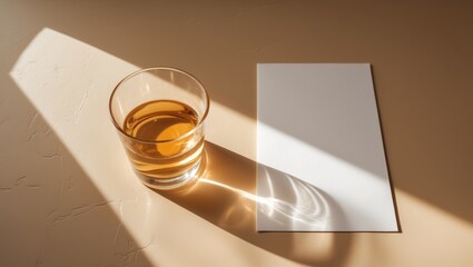 A glass of tea placed on a surface with sunlight casting a shadow and light reflections, next to a blank white paper.