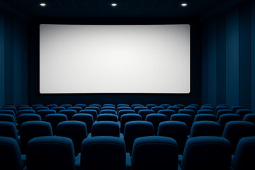 Empty cinema theater interior with blank white movie screen, rows of blue auditorium seats, entertainment background template for video projection, film presentation, advertising or mockup display

