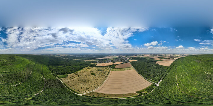 Sphaerisches 360 Grad Luftbild-Kugelpanorama von der Sophienhoehe mit Blick auf Stetternich, Juelich und das Braunkohletagebaugebiet im Rheinischen Revier.