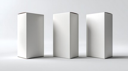 Three blank white rectangular cartons stand upright on a clean white surface with subtle shadows