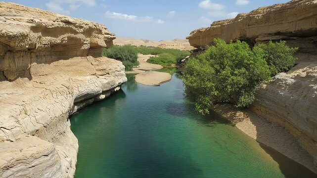 Serene oasis in Wadi Bani Khalid with crystal clear waters surrounded by rock formations
