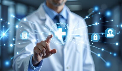 Medical professional interacting with a digital health interface, surrounded by icons representing healthcare and technology.