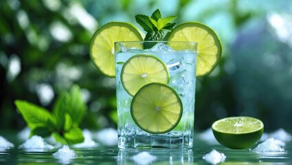 Fototapeta premium Refreshing lime and mint drink with ice, garnished with lime slices and fresh mint leaves.