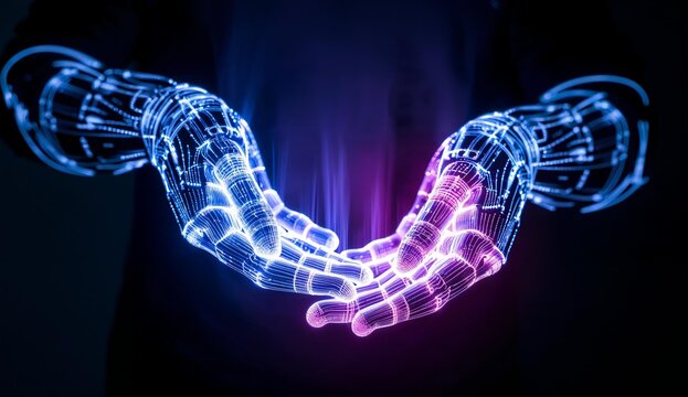 Glowing digital hands interlocking in a futuristic design
