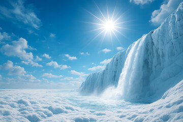 Frozen icy waterfall cascading from snow cliff into cloudy valley under bright sun, surreal winter landscape scene, abstract natural wonder of extreme cold climate, heavenly blue frozen world fantasy 