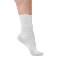 Man wearing clean socks on white background, closeup