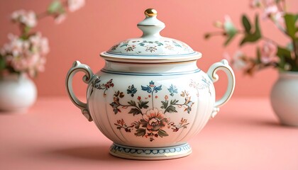 Decorative Porcelain Sugar Bowl with Floral Design and Lid on Pink Background