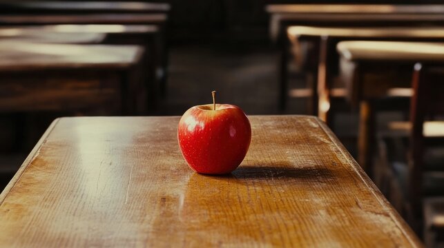 Red apple on a wooden school desk