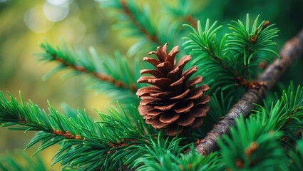 Close-up of a pine cone on green pine branches, with blurred natural background.