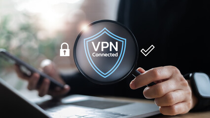 Close-up of VPN connected shield icon with lock and check mark, symbolizing private secure network...
