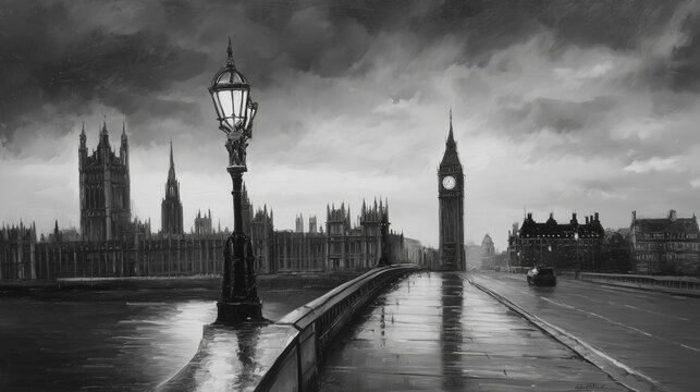 Black and white painting of London, Big Ben visible in the background, dark clouds, a street lamp, a woman sitting alone near the palace with a man walking away from her, a grey stone bridge over the 