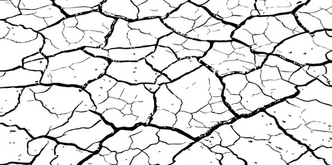 A stark, high-contrast, black and white close-up of severely cracked earth, showing a network of deep fissures and irregular polygons. The texture emphasizes the dryness and desolation of the ground.