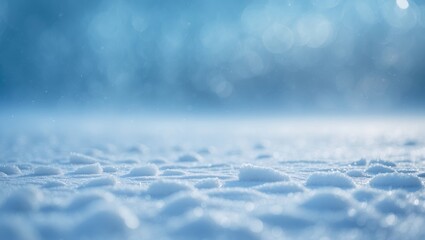 Snow-covered ground with frost and ice, close-up perspective. Winter scene and cold weather environment. The image depicts a frosty winter landscape.
