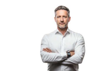 Full length business portrait of confident businessman. Entrepreneur in white shirt, Serious mid adult, mature age man standing, isolated on white background.