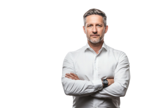 Full length business portrait of confident businessman. Entrepreneur in white shirt, Serious mid adult, mature age man standing, isolated on white background.