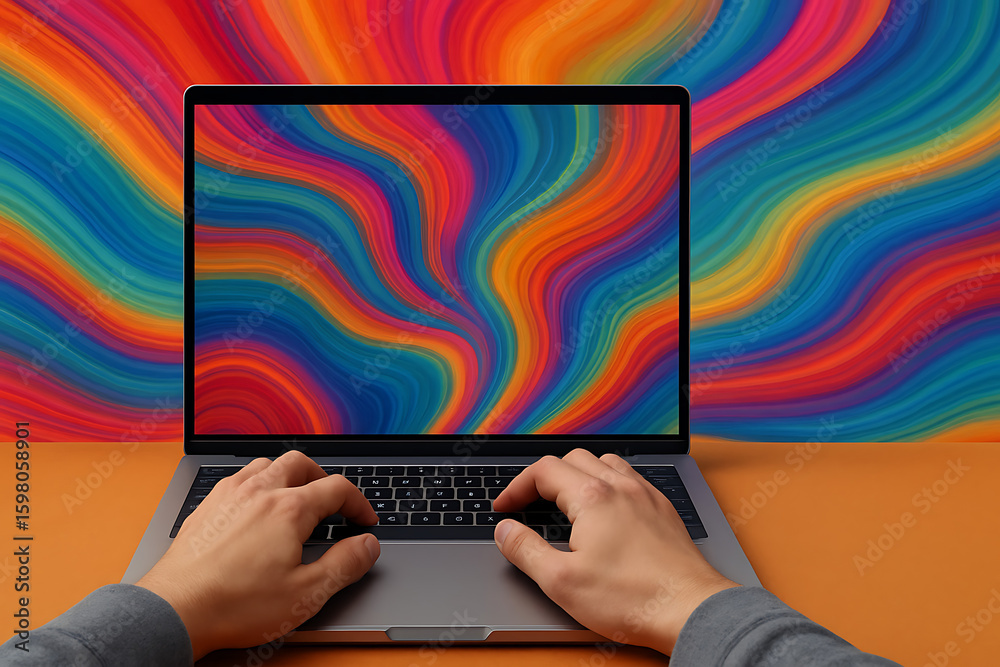 Fototapete hands typing on laptop with vivid psychedelic colorful wave pattern on screen and background, bright