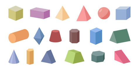 Geometric shapes set, 3d render of colorful objects. Vector solid realistic primitives. Isolated sphere and cube, cylinder and parallelepiped, cones and pyramids with different bases flat