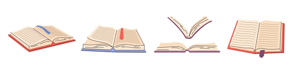 Open modern books or notebooks with empty pages and bookmarks. Vector isolated reading publication and encyclopedias. Studying and education process. Printed works or journals, personal diary