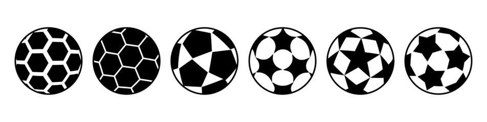 Fototapeta premium Football equipment set, isolated monochrome icons of inflatable ball for game. Vector sports elements collection. Hobby and professional training and exercising. Sportive activities and entertainment