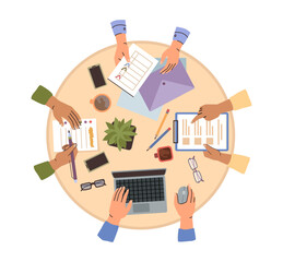 Employees working on project tasks and corporate issues. Vector brainstorming and dealing with documents on round table. Top view of worker hands in office loaded with work, documentation teamwork
