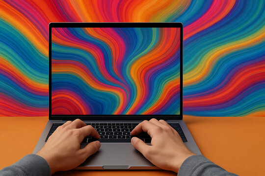 Hands typing on laptop with vivid psychedelic colorful wave pattern on screen and background, bright abstract rainbow motion design, digital creativity, futuristic energy concept, vibrant fluid spectr