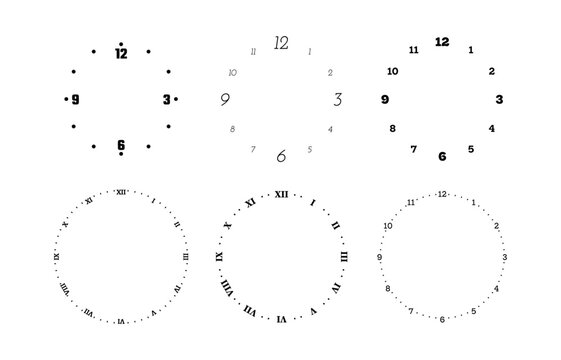 Analog watch dials collection with Roman numerals, bar markers and decorative textures. Vector clock faces with numeric scale in vintage and modern styles. Retro posters elements sets