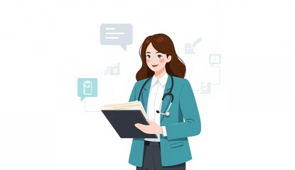 A medical professional holding a folder, surrounded by digital icons and speech bubbles.