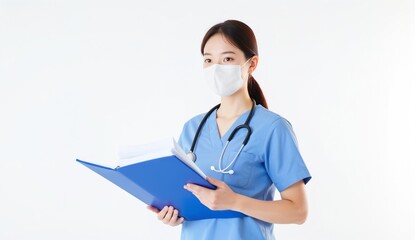 Healthcare professional in blue scrubs holding a clipboard and wearing a face mask.