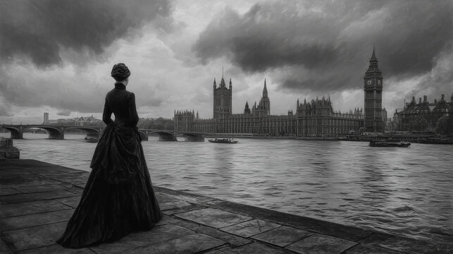 Black and white painting of London, Big Ben visible in the background, dark clouds, a street lamp, a woman sitting alone near the palace with a man walking away from her, a grey stone bridge over the 
