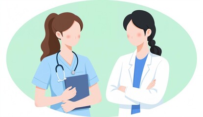 Two healthcare professionals in conversation, one holding a clipboard and the other with arms crossed.