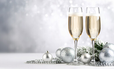 Two champagne glasses celebrating new year's eve with silver christmas balls decorations