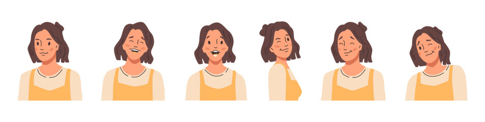 Fototapeta premium Woman with positive and happy emotions. Vector in flat style, isolated set of female character expressions and facial mimics showing happiness and content. Laughing and smiling female personage