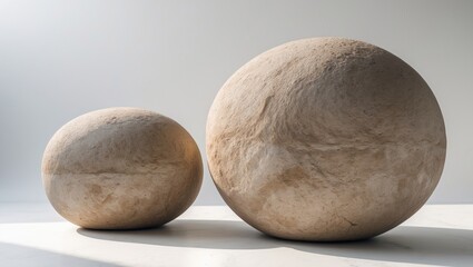 Fototapeta premium Two stones of different sizes placed on a flat surface with a neutral background.