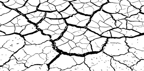 A stark, high-contrast, black and white close-up of severely cracked earth, showing a network of deep fissures and irregular polygons. The texture emphasizes the dryness and desolation of the ground.