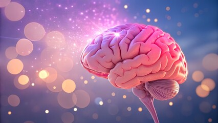 A vibrant pink and purple brain model radiates bright light and sparkles, symbolizing active thought, creativity, and the power of the mind.