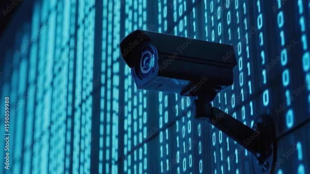 Poster surveillance camera analyzing digital data with binary code background in high-tech environment for 