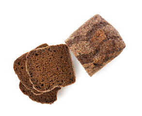 Cut fresh rye bread isolated on white, top view