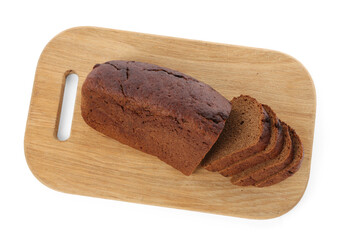 Cut fresh rye bread isolated on white, top view