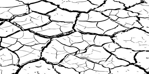 A stark, high-contrast, black and white close-up of severely cracked earth, showing a network of deep fissures and irregular polygons. The texture emphasizes the dryness and desolation of the ground.