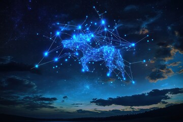 Abstract star connections forming mythical creatures in sky, glowing constellation art