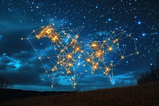 Abstract star connections forming mythical creatures in sky, glowing constellation art