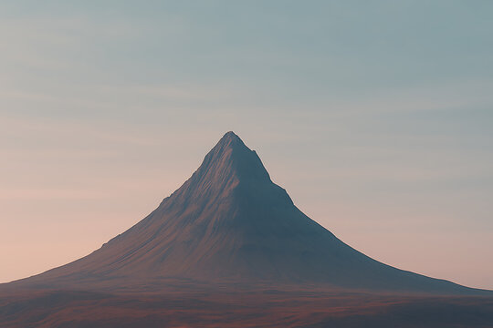 Majestic isolated mountain peak at sunrise, minimalist landscape with soft gradient pastel sky, serene natural scenery symbolizing nature power, travel exploration, solitude, spiritual adventure inspi