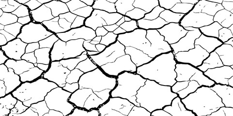 A stark, high-contrast, black and white close-up of severely cracked earth, showing a network of deep fissures and irregular polygons. The texture emphasizes the dryness and desolation of the ground.
