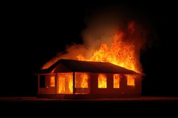 A small wooden house ablaze at night