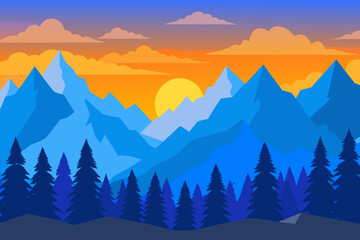 Fototapeta premium Mountain Sunset Landscape with Pine Trees, Colorful Sky, Scenic Nature Illustration