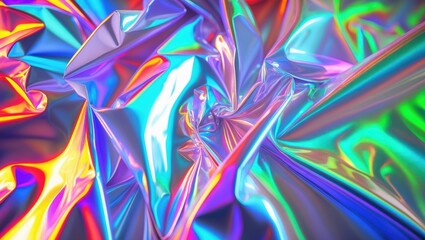 Colorful holographic fabric or material with iridescent, shiny, and reflective surfaces in various vibrant colors and abstract folds.