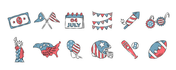 American culture hand drawn icon collection. 4th of july independence day. Set 2 of 3. Vector illustration.