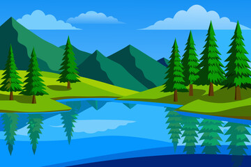 Fototapeta premium Cartoon Forest Lake Landscape – Vector Nature Scene with Trees and Water