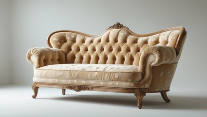 Vintage sofa with tufted upholstery and wooden accents. Classic and elegant furniture piece. The style of the sofa is traditional.