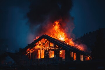 Burning chalet at night